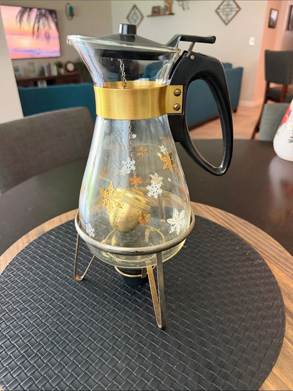 Vintage Pyrex Glass Coffee Coffee Carafe with Gold and Black Accents